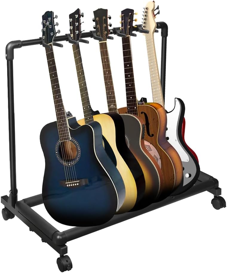 Azor 5 Multi Guitar Stand Rack with Wheels, Folding Design 5 Holder Multiple Guitar Rack for Acoustic Electric Guitar, Bass, Soft Cushioning Sponge Protects Your Instruments - Image 1